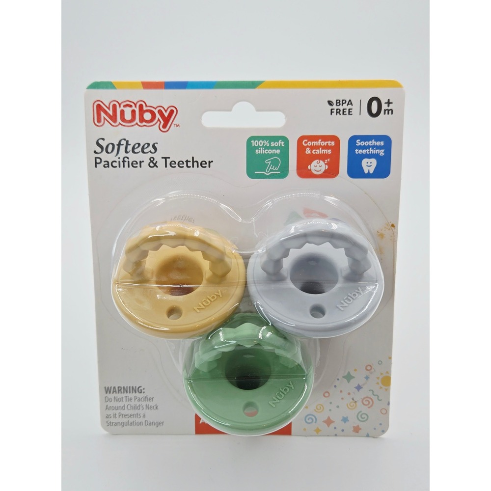 Nuby Softees Pacifier & Teether 3pk 100% Soft Silicone BPA Free 0m+ Yellow Blue